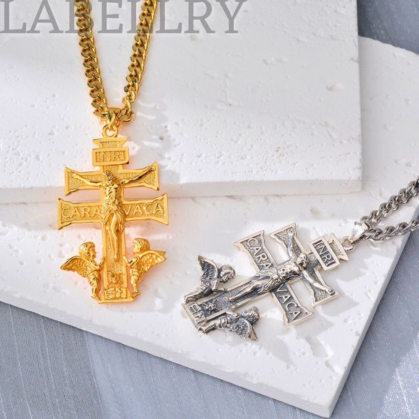 Colgante de cruz de crucifijo de Caravaca de plata de ley, collar de cruz de oro de protección divina, diseño de Cruz de Caravaca, joyería religiosa para hombres