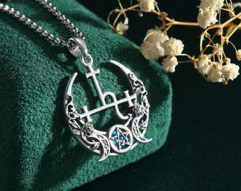 Minimalist Sigil Of Lilith Necklace With Mother Of Pearl, Sterling Silver Crescent Moon Lilith Pendant, Wiccan Gift For Her, Witchy Jewelry