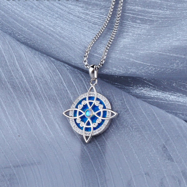 Collier noeud de sorcière éblouissant avec opale bleue, pendentif pierre de lune wicca scintillante, cadeau noeud celtique en argent sterling, bijoux wicca uniques