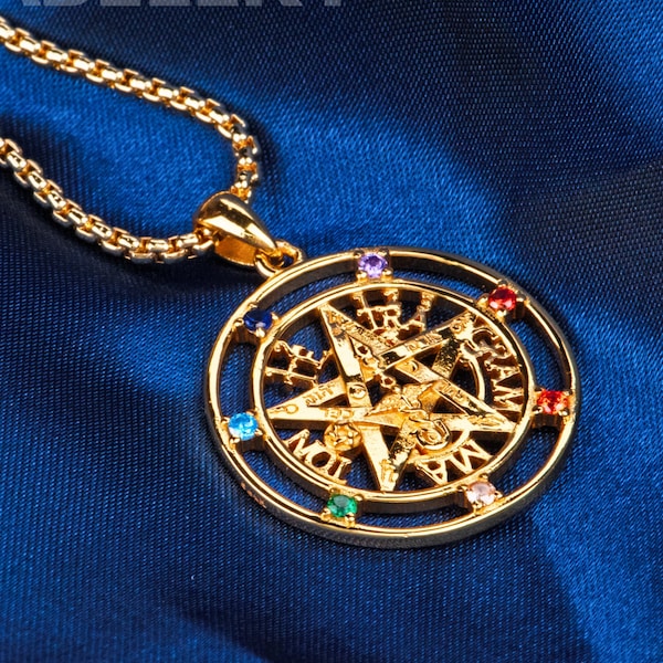 Sacred Tetragrammaton Pentacle Necklace With Seven Chakras, Mystic Pentagram Pendant In Gold, Silver And Black, Spiritual Jewelry Gift