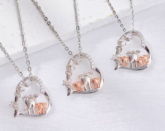 Sterling Silver Heart-Shaped Elephant Family Necklace, Elegant Mother & Baby Pendants, Heartfelt Family Bonds Jewelry Gift For Mother's Day
