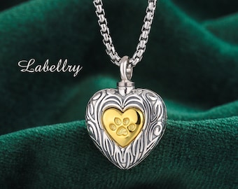 Collar con urna para cenizas de mascotas en plata de ley 925 con forma de corazón, colgante personalizado con huella de pata en oro, joyería conmemorativa para mascotas, regalo para quienes han perdido a un perro o gato.