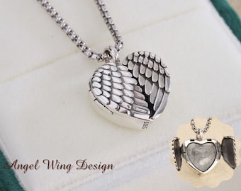 925 Sterling Silver Heart Urn Necklace for Ashes, Personalized Angel Wing Photo Locket Necklace, Cremation Jewelry, Pet Memorial Gift