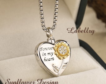 Joyería personalizada para cremación con girasol, collar urna de plata de ley 925 con forma de corazón para cenizas humanas y de mascotas, «Siempre en mi corazón», regalo conmemorativo