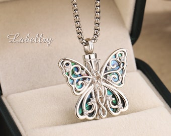 Elegante collar de cremación con mariposa y concha de abulón, colgante de urna de plata de ley para cenizas humanas, joyería conmemorativa para mascotas, regalo de duelo