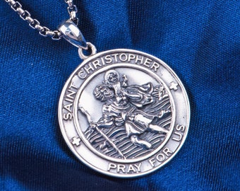 Sterling Silber St Christopher Halskette, Saint Christopher Wunderbare Medaille Anhänger, Christian Schmuck Schutz Amulett