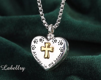 Personalized Pawprint Pet Cremation Necklace, Sterling Silver Heart Ash Holder Pendant with Gold Holy Cross, My Pet Always In My Heart