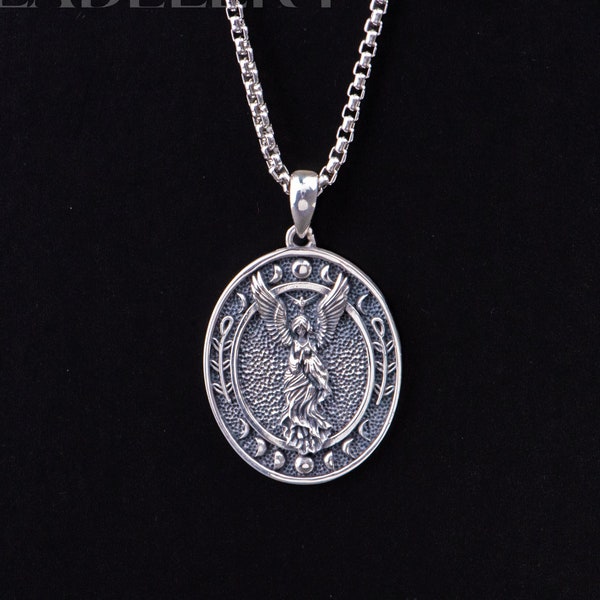 Mond Phasen Luzifer Lilith Sigil Halskette, Sterling Silber Göttin Lilith Statue Talisman mit Flügeln, witchy Geschenk, Wicca Schmuck