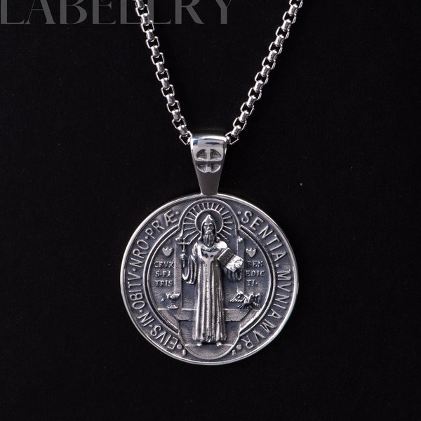 Sterling Silber St. Benedikt Medaille, Exquisite St. Benedikt Halskette, Heiliger Vater Benedikt Kruzifix, Schutz Anhänger, Religiöser Schmuck