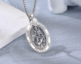 Sterling Silver Saint Christopher Necklace, Religious Rotated St Christopher Medal, Patron Saint Protection Pendant, Catholic Saint Gift