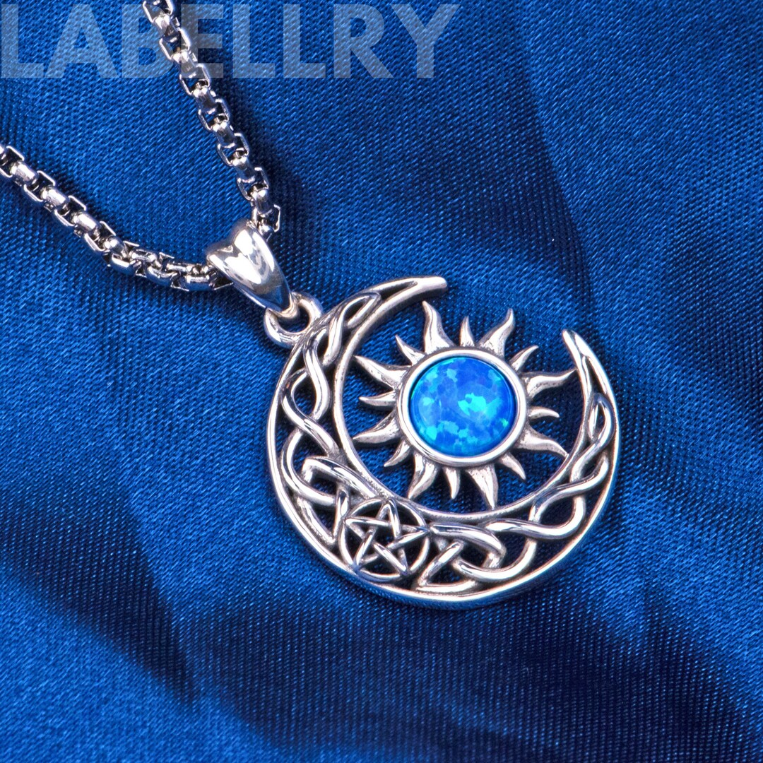 Sterling Silver Sun and Moon Necklace With Opal, Sunburst Blue Opal ...