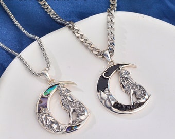 Viking Howling Wolf Moon Necklace, 925 Sterling Silver Norse Mythology Wolf Pendant with Abalone Shell, Protection Amulet Spiritual Gift