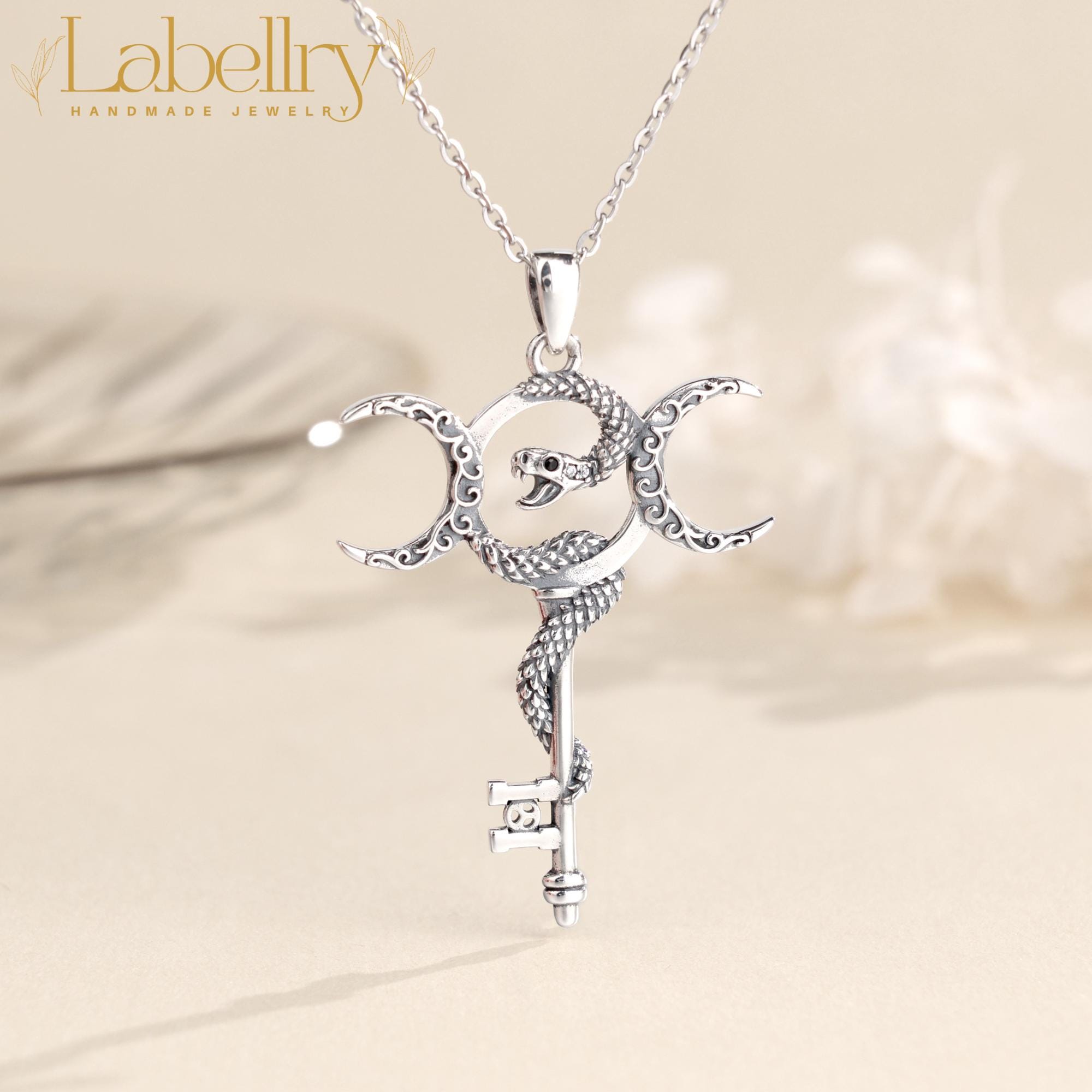 925 Sterling Silver Hecate Key Necklace, Wicca Triple Moon Snake ...