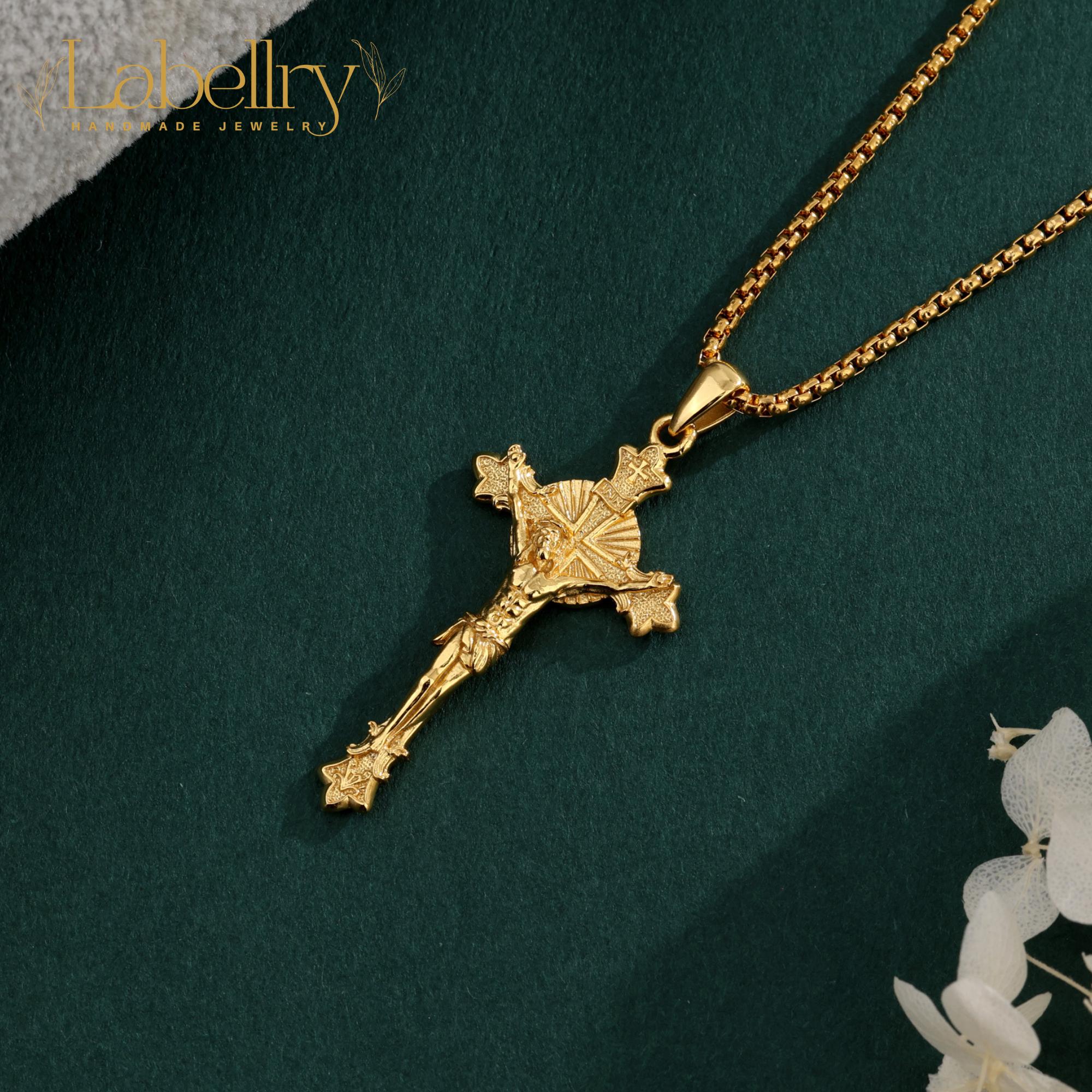 925 Sterling Silver St Benedict Crucifix Necklace, 18K Gold Jesus Cross ...