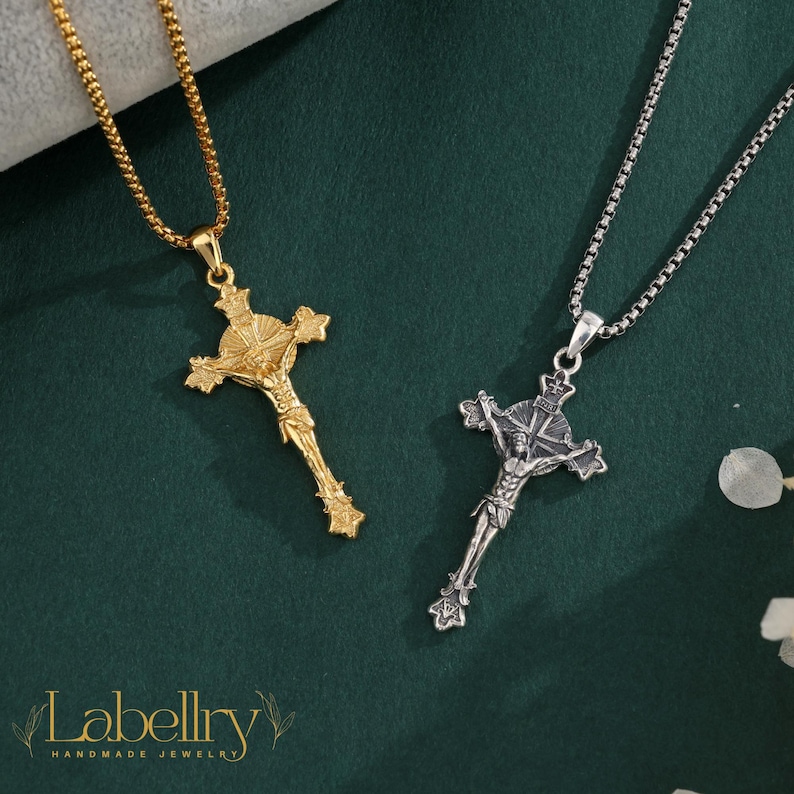 925 Sterling Silver St Benedict Crucifix Necklace, 18K Gold Jesus Cross ...