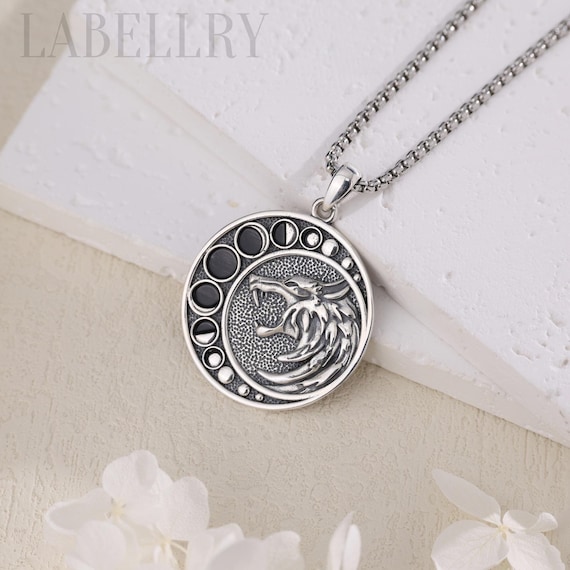 Minimalist Silver Wolf Necklace, Norse Mythology Fenrir Moon