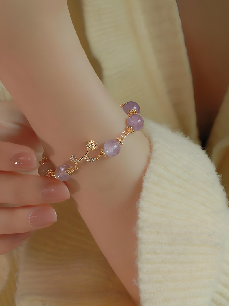 Natural Amethyst Healing Crystal Bracelet with Rose Floral Pendant and Lavender Quartz - Handmade Lavender Gift for Wedding
