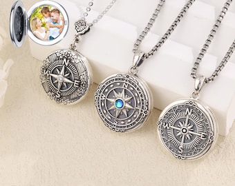Sterling Silver Compass Photo Locket Necklace, Personalized Locket Pendant, Find Your True North Memorial Jewelry, Travel Gift for Him Her