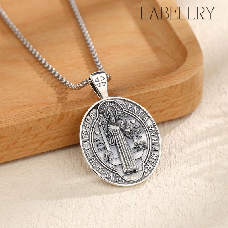 Sterling Silver Saint Benedict Medal, Exorcism St Benedict Necklace, Holy Father Benedict Cross Pendant Protection Amulet, Religious Jewelry Oval Oxidized Silver
