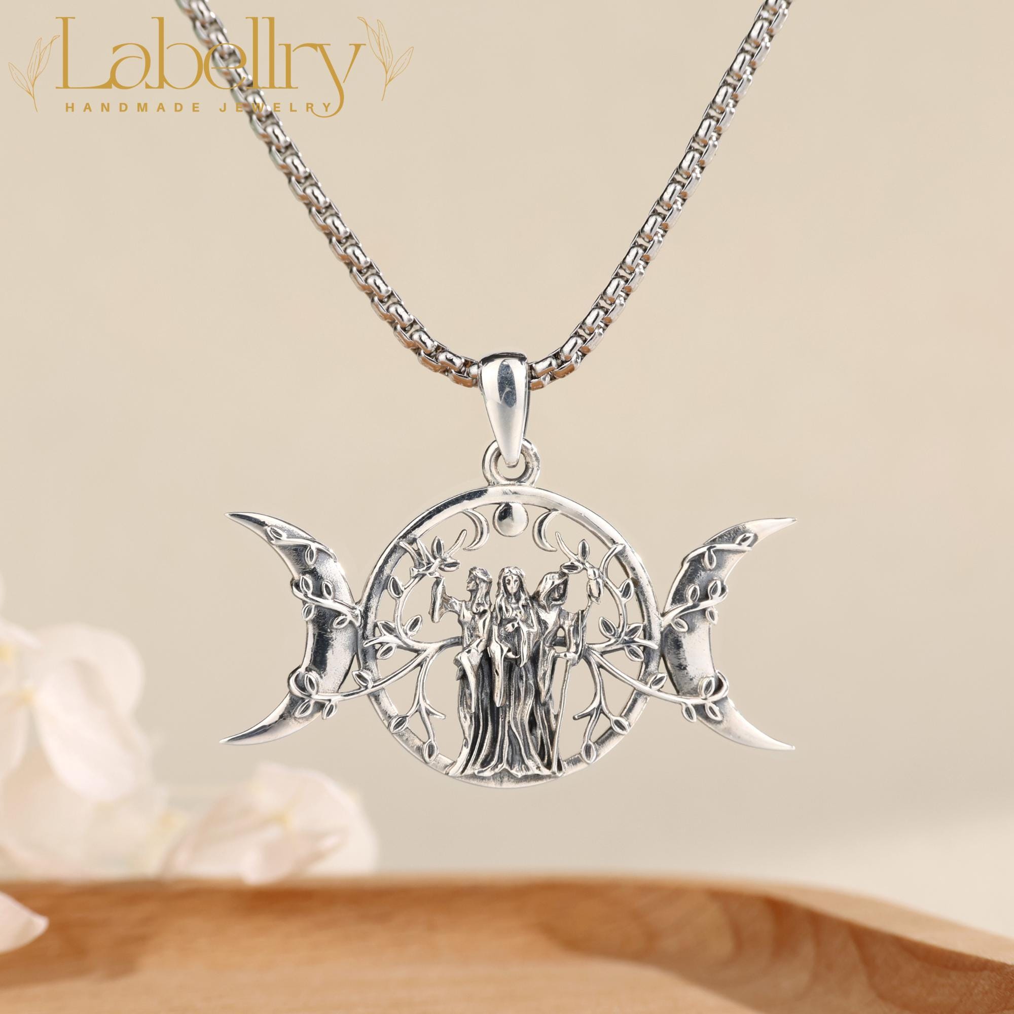 925 Sterling Silver Hecate Moon Goddess Necklace, Tree of Life Triple ...