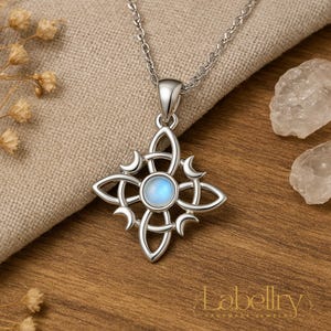 Minimalist Witchy Necklace for Women, Sterling Silver Triple Moon Witch Knot Pendant with MoonStone, Wiccan Jewelry Amulet, Gift for Her