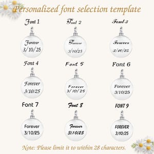 May include: A template for personalized font selection. Nine silver-colored round pendants are displayed, each with a different font style. Each pendant has the word "Forever" and the date "3/10/25" engraved. The text "Personalized font selection template" is at the top.