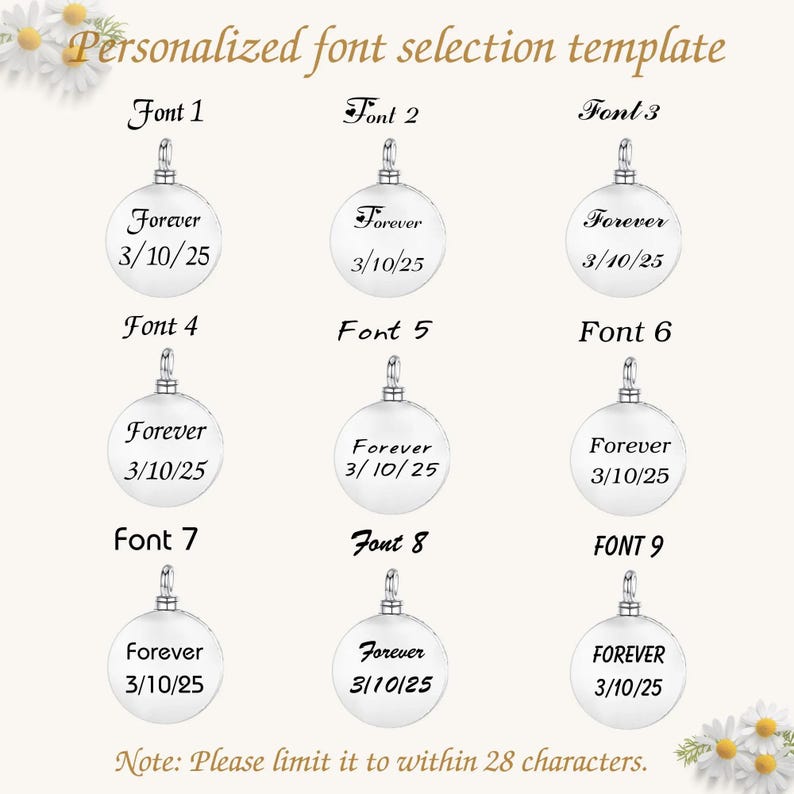 May include: A template for personalized font selection. Nine silver-colored round pendants are displayed, each with a different font style. Each pendant has the word "Forever" and the date "3/10/25" engraved. The text "Personalized font selection template" is at the top.