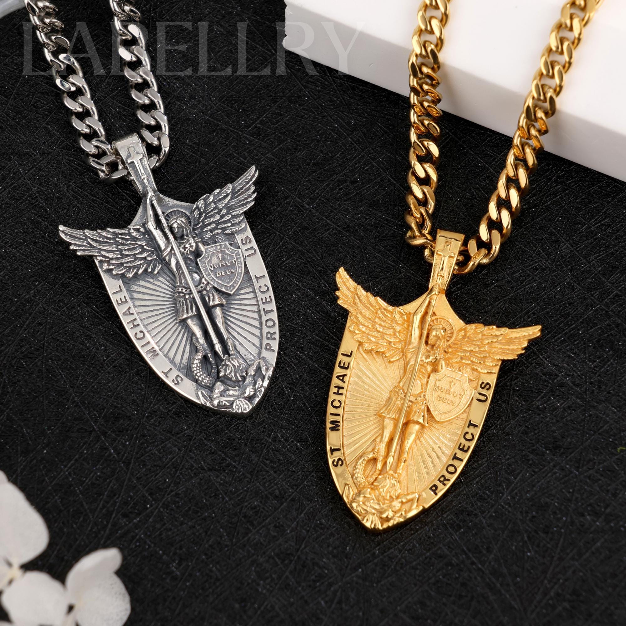 St Michael Archangel Necklace With Shield & Cross - Viking Style Protection Pendant For Men & Women, 20'' Chain