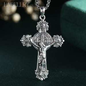 Sterling Silver Jesus Cross Necklace Men, Catholic Saint Benedict Crucifix Pendant, Christian Jewelry Protection Amulet, Confirmation Gift
