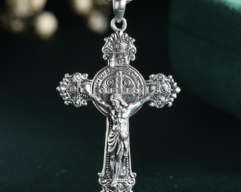 Sterling Silver Jesus Cross Necklace Men, Catholic Saint Benedict Crucifix Pendant, Christian Jewelry Protection Amulet, Confirmation Gift
