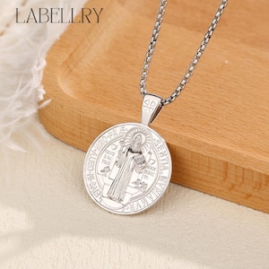 Sterling Silver Saint Benedict Medal, Exorcism St Benedict Necklace, Holy Father Benedict Cross Pendant Protection Amulet, Religious Jewelry Polished Silver