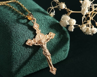 Sterling Silver Jesus Cross Necklace, Gold-Plated Holy Jesus On Cross With NDSMD, Antique Faithful Crucifix Jesus Pendant, Christian Jewelry