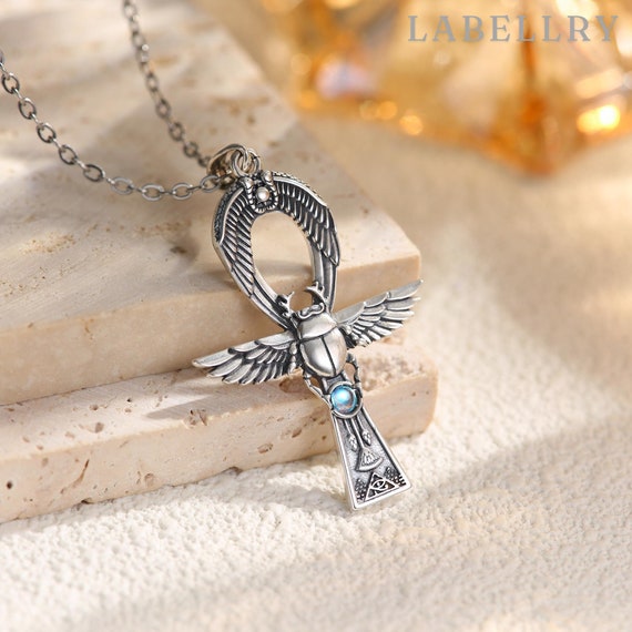 925 Sterling Silver Ankh Scarab Pendant Necklace with Moonstone, Ancient Egyptian Jewelry for Men Women, Protection and Life Symbol