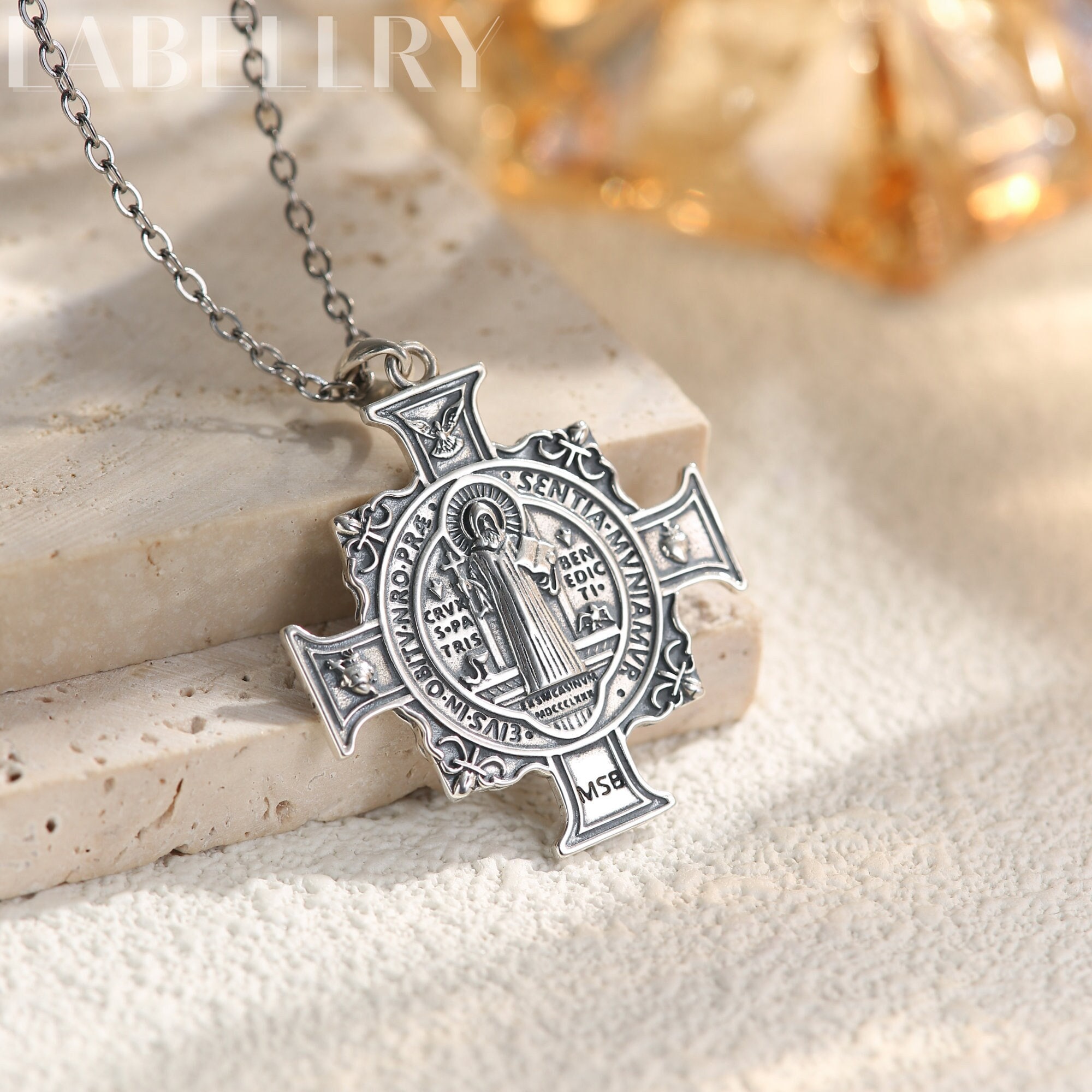 Exorcism St Benedict Cross Necklace, Sterling Silver Saint Benedict ...