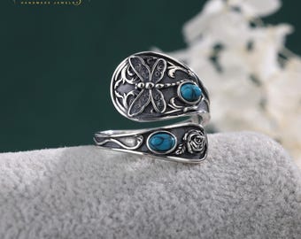 925 Sterling Silver Dragonfly Spoon Ring, Rose Turquoise Adjustable Wrap Ring, Victorian Style Statement Jewelry, Birthday Gift for Her