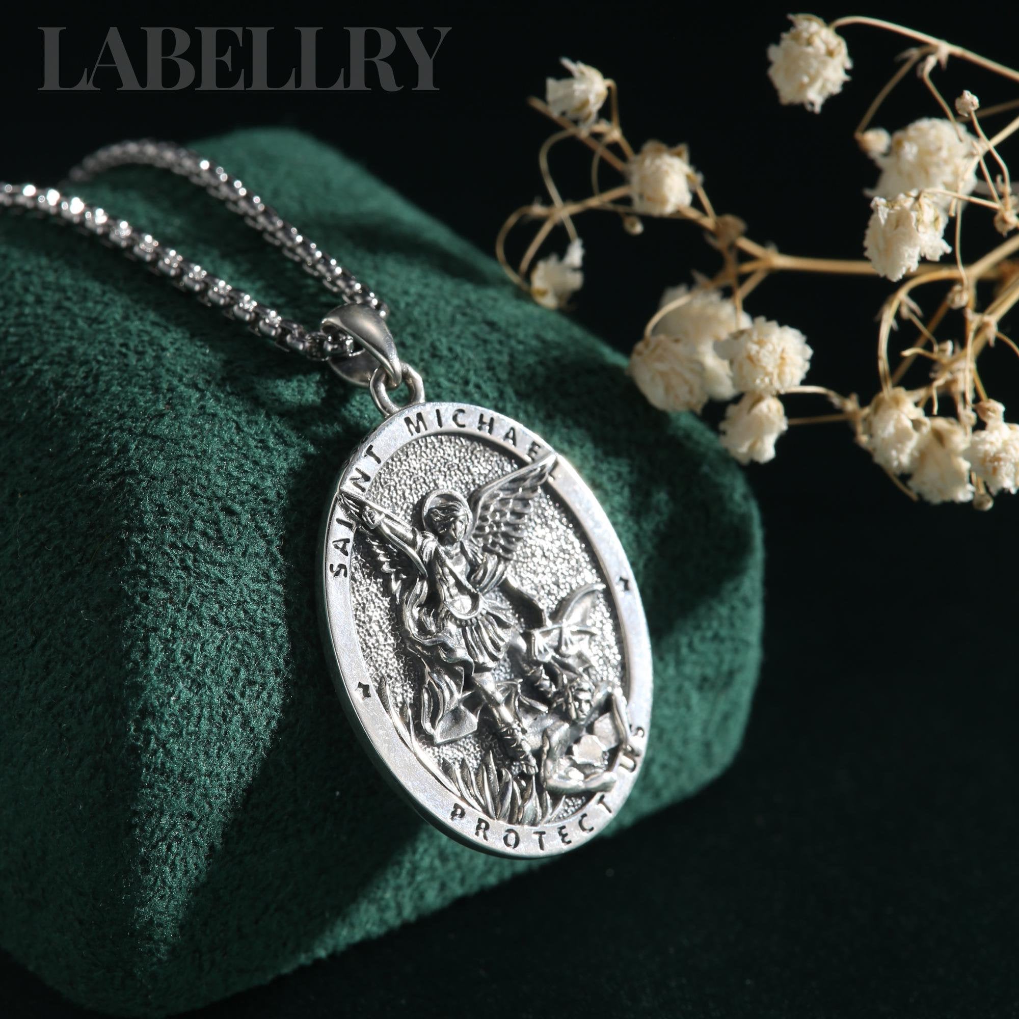 thumbnail interactive-video image 1 of 925 Sterling Silver St. Michael Archangel Pendant & Box Chain – Guardian Angel Necklace 1 of 2