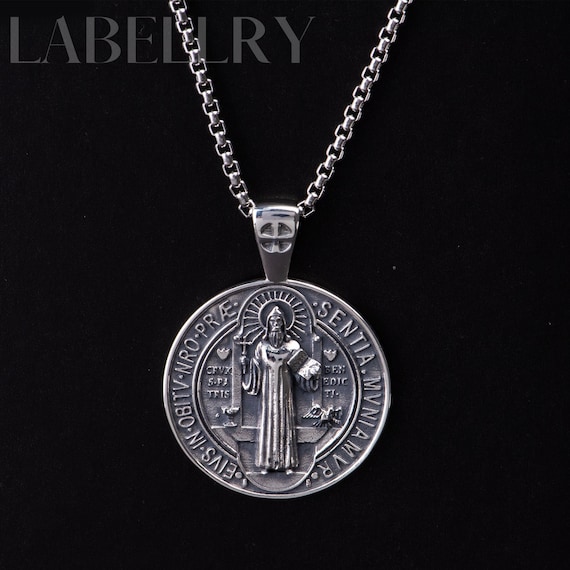Sterling Silver Saint Benedict Medal, Exorcism St Benedict Necklace, Holy Father Benedict Cross Pendant Protection Amulet, Religious Jewelry