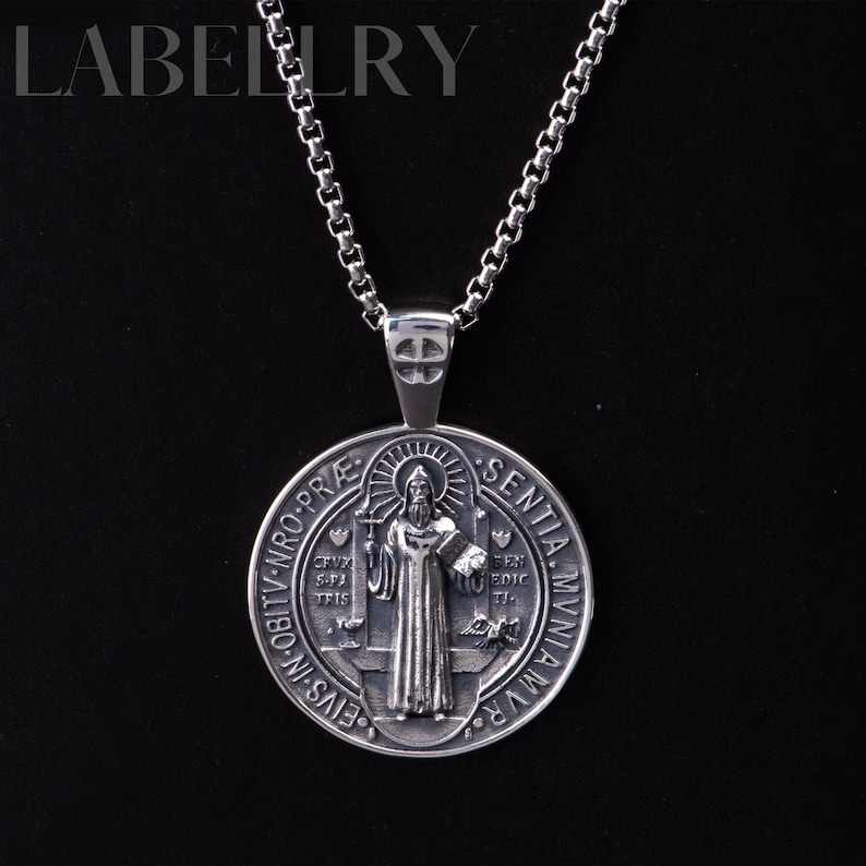 Sterling Silver Saint Benedict Medal, Exorcism St Benedict Necklace, Holy Father Benedict Cross Pendant Protection Amulet, Religious Jewelry Oxidized Silver