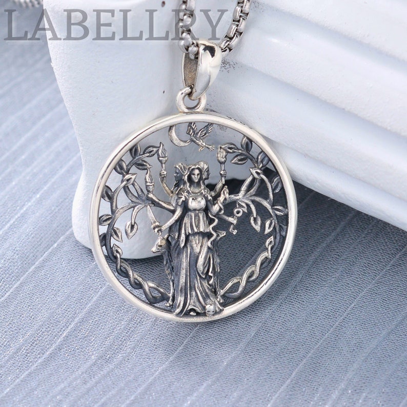 Sterling Silver Triple Moon Goddess Pendant, Entwined Tree of Life Necklace, Wiccan Moon Jewelry For Women, Spiritual Hekate Amulet Gift image 5