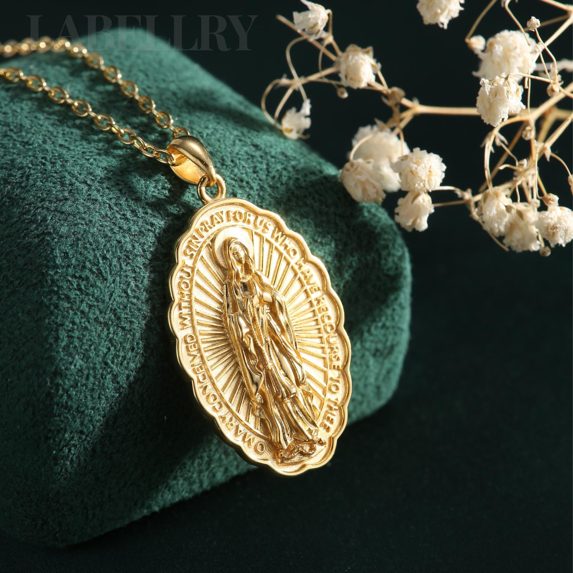 18K Gold Virgin Mary Necklace, Sterling Silver Mother Mary