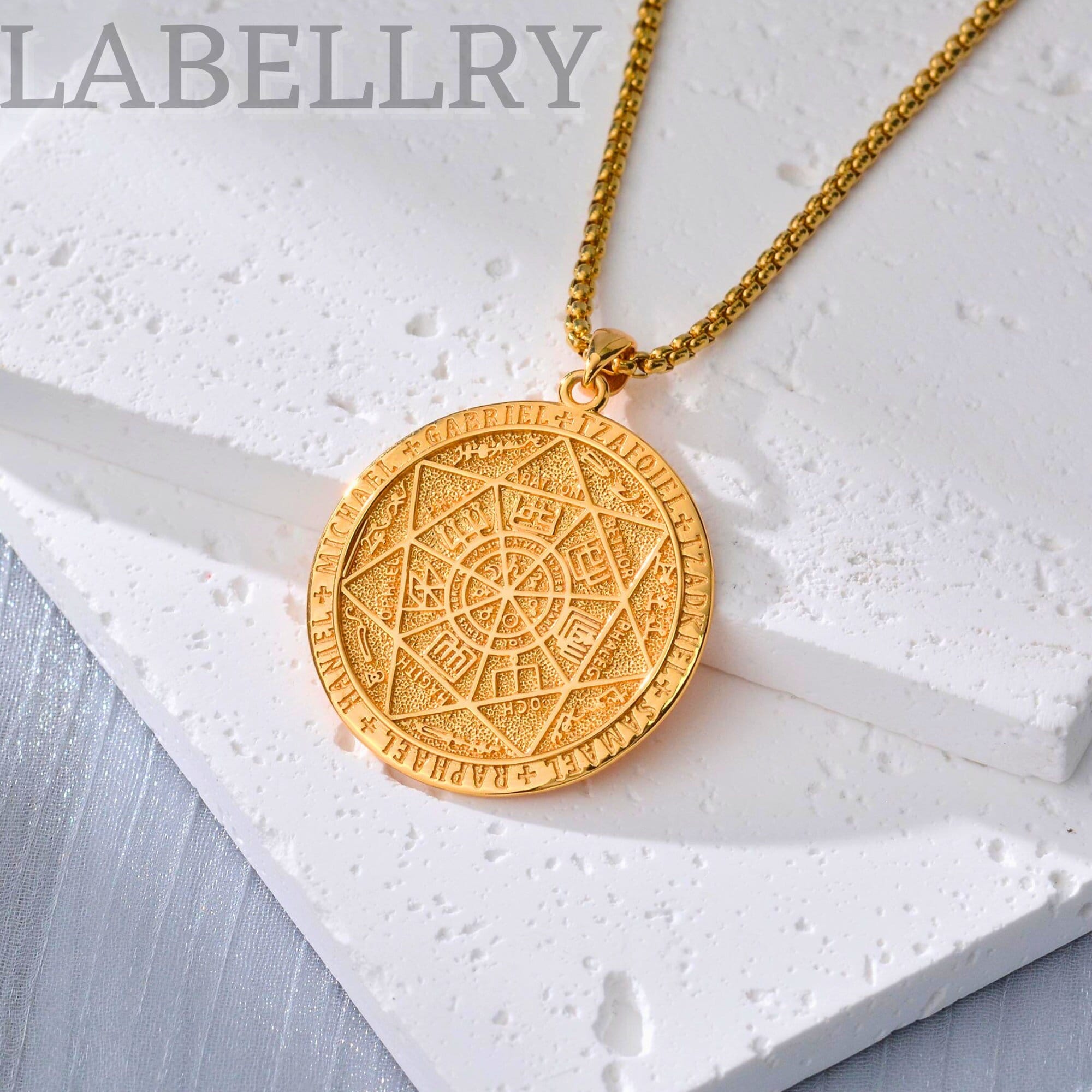 Men's Archangel Seal Necklace - 7 Angels Stainless Steel Pendant, Protection Amulet, 24" Chain