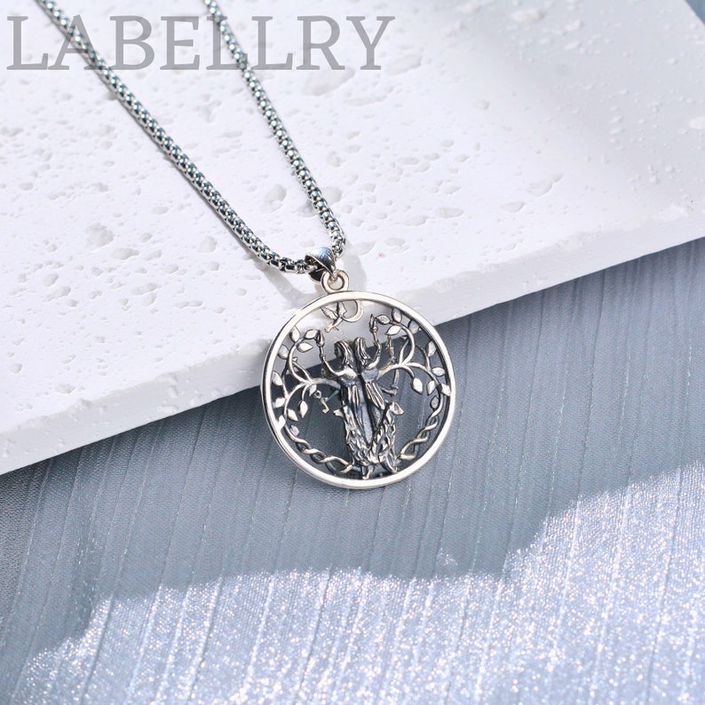 Sterling Silver Triple Moon Goddess Pendant, Entwined Tree of Life Necklace, Wiccan Moon Jewelry For Women, Spiritual Hekate Amulet Gift image 2