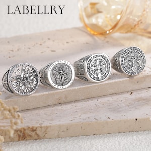 Colección de anillos de plata de ley: San Benito, San Miguel, Árbol de la Vida y Pentagrama Tetragrámaton, joyería de protección espiritual.