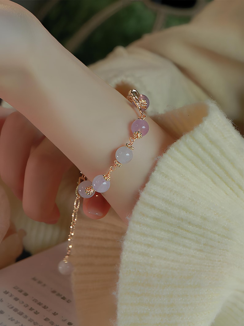 Natural Amethyst Healing Crystal Bracelet with Rose Floral Pendant and Lavender Quartz - Handmade Lavender Gift for Wedding