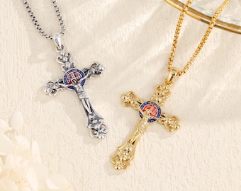 St Benedict Crucifix Necklace, 18K Gold Plated Copper Jesus Cross Pendant, Catholic Jewelry Protection Amulet, Confirmation Gift for Him Her