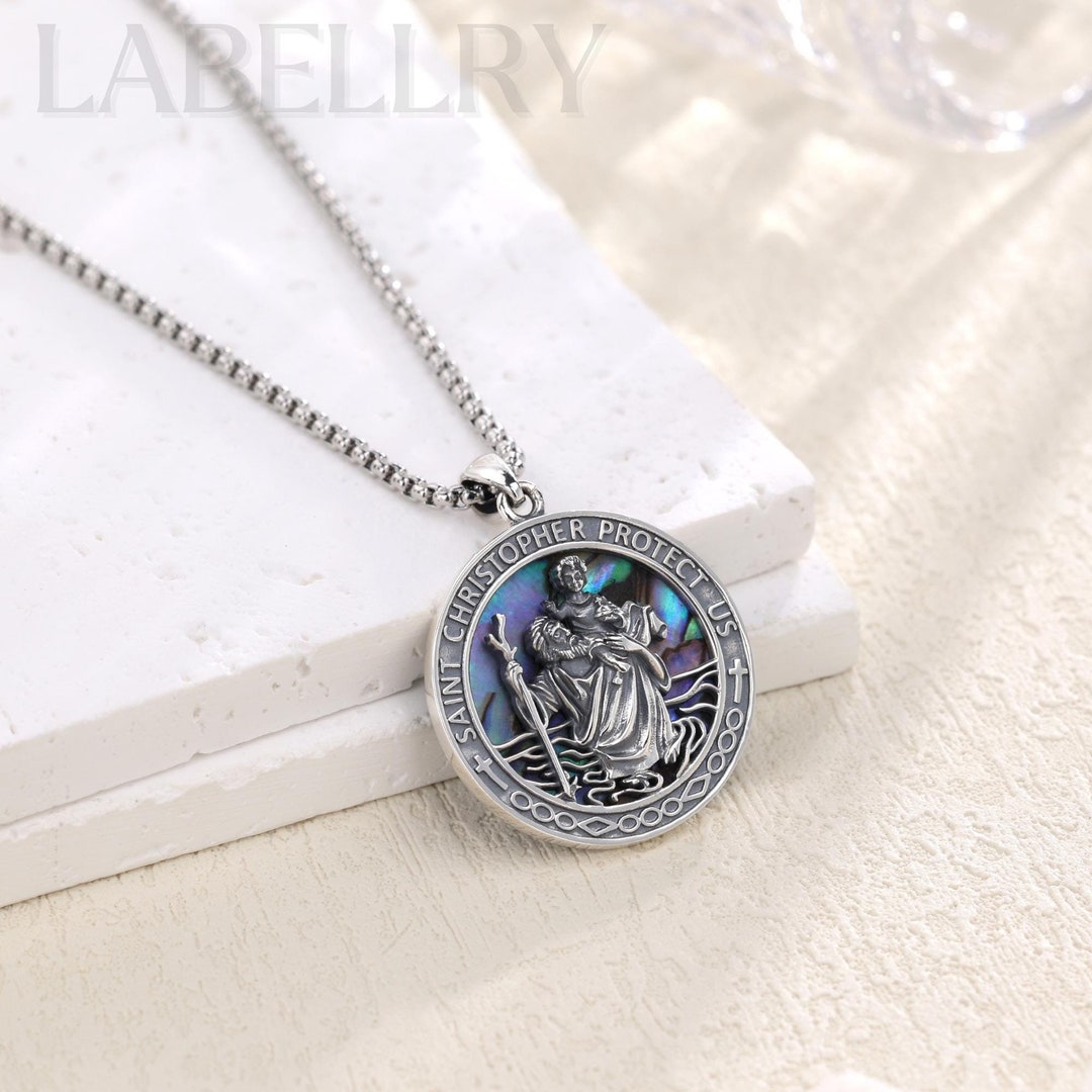 Sterling Silver St Christopher Necklace With Abalone Shell, Christian ...
