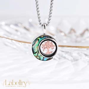 Sterling Silver Tree of Life Urn Necklace, Abalone Shell Crescent Moon Ashes Pendant, Cremation Jewelry, Memorial Gift for loss of loved one