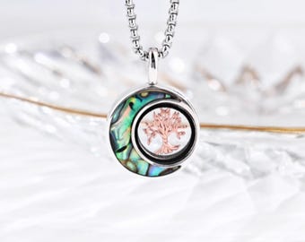 Sterling Silver Tree of Life Urn Necklace, Abalone Shell Crescent Moon Ashes Pendant, Cremation Jewelry, Memorial Gift for loss of loved one