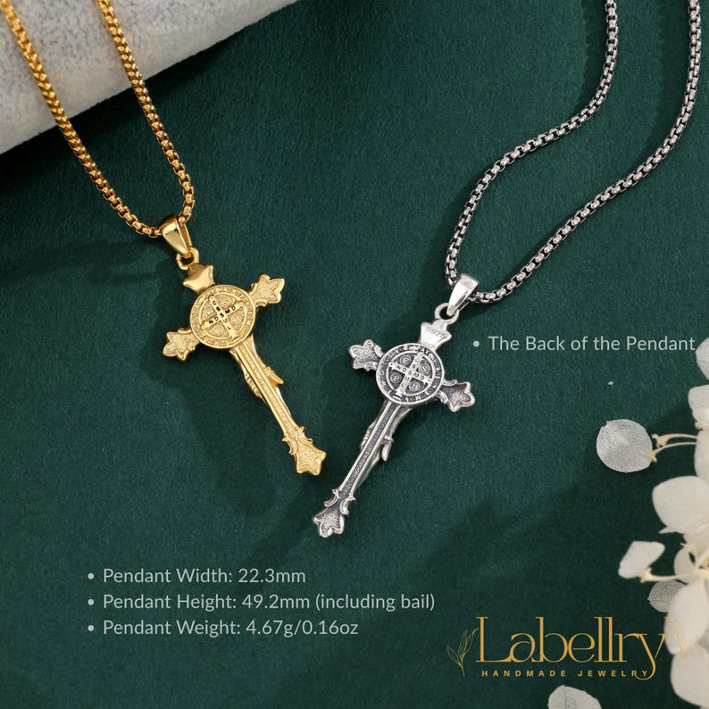 925 Sterling Silver St Benedict Crucifix Necklace, 18K Gold Jesus Cross ...