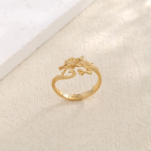 Sterling Silver Dragon Ring, Adjustable Chinese Dragon Jewelry Fantasy Ring, Gothic Statement Ring, Gold Animal Ring, Mythical Gift for Her 18k Gold